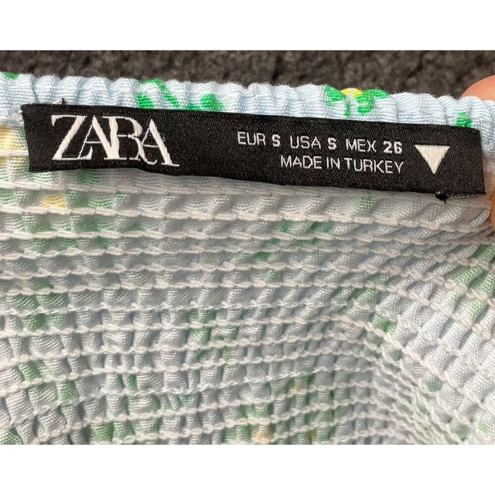 Zara Blue Floral Puff Sleeve Sweetheart Neckline Tie Front Crop Top - Picture 11 of 12